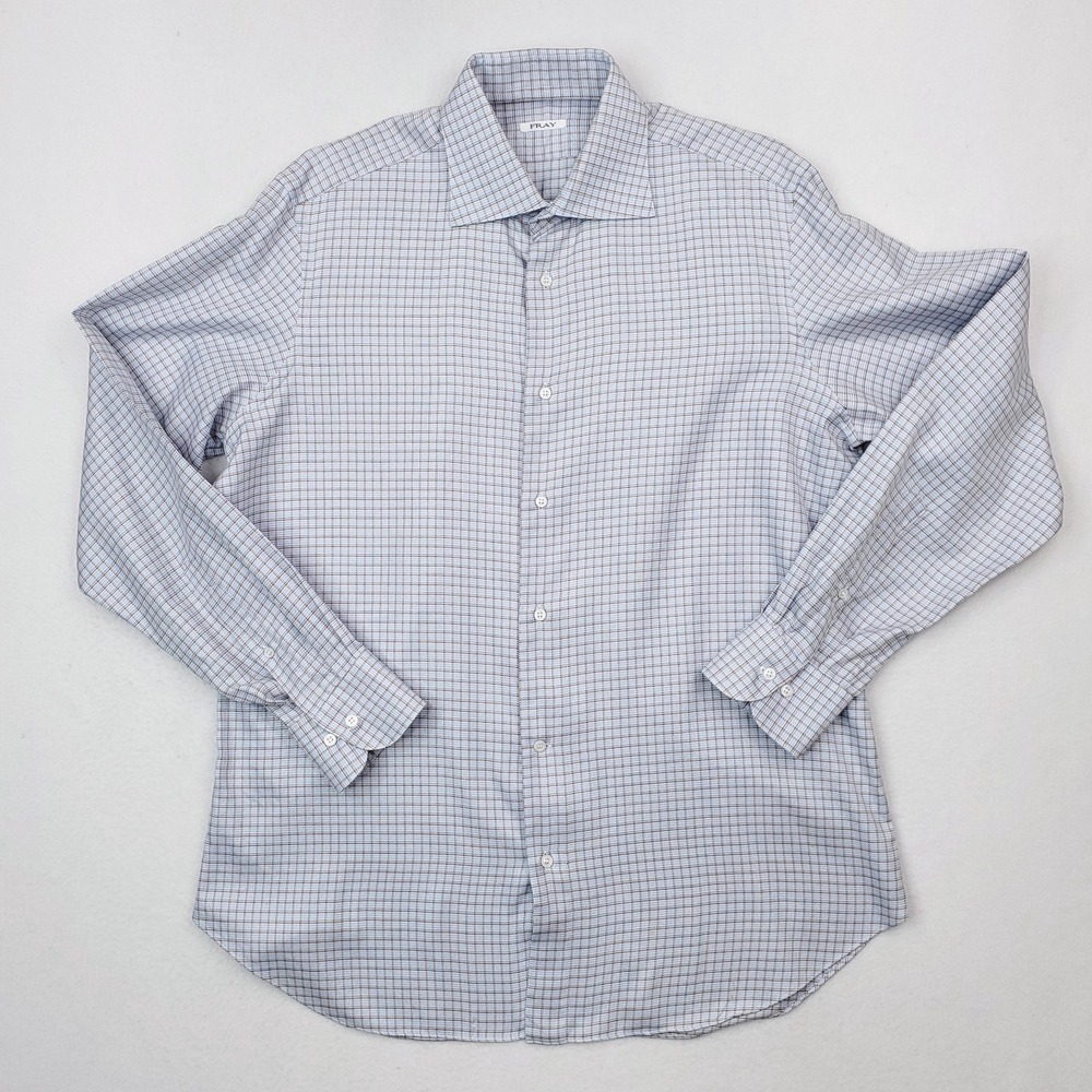 Fray Shirt Mens 16 Blue Brown Graph Check‎ Plaid Button Up Spread Barrel Cuff